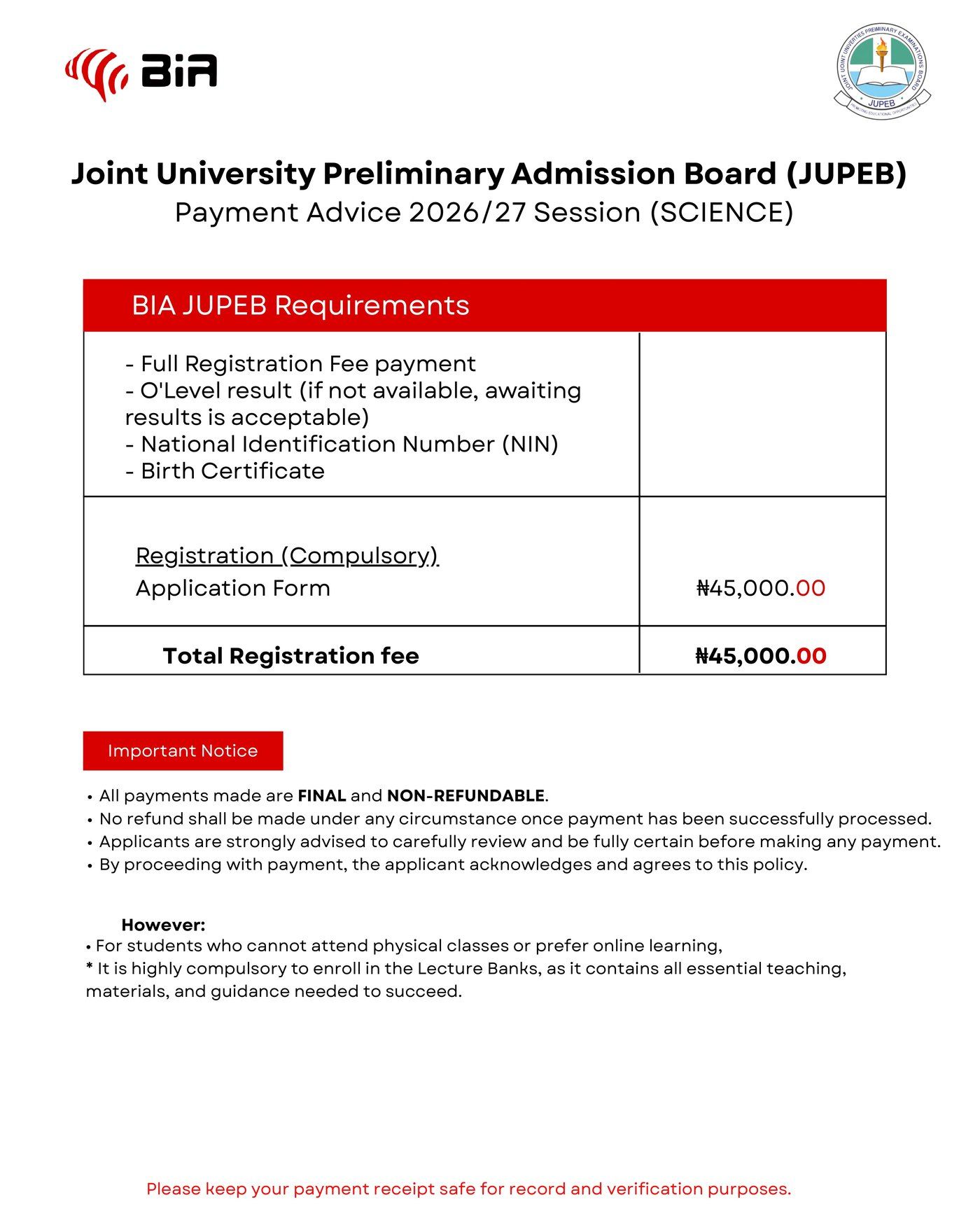 BIA JUPEB requirements and ₦45,000 registration fee, Science payment advice 2026/27