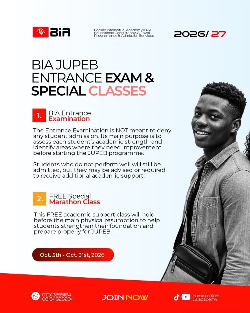 BIA JUPEB Entrance Exam and free Special Marathon Class, 5–31 October 2026
