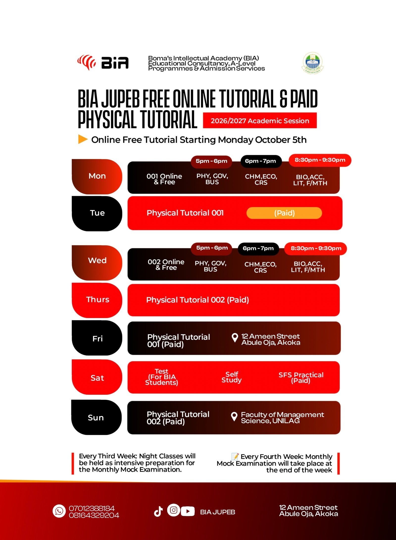 Official BIA JUPEB free online and paid physical tutorial timetable from 5 October 2026